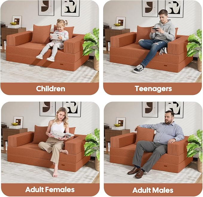 COMAX Futon Sofa Bed, Convertible Sofa Bed, Folding Boneless Couches | Boneless Couch for living room, Fold Out Small Foldable Loveseat Floor Sleeper Mattress Lounge Space‑Saving, Light Orange