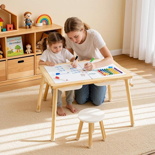 VEVOR Sensory Table for Toddlers, Wooden Kids Activity Table with 2 Stools, Double-Sided Board, Storage Bins, and Non-Slip Feet, for Boys and Girls Playing Sand and Water, Drawing, Studying, Dining