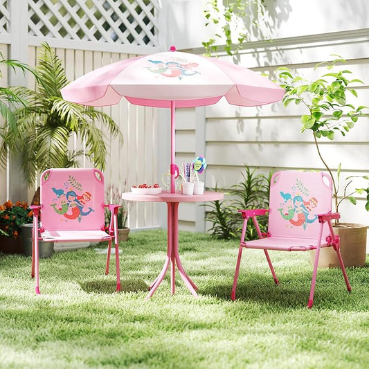 HONEY JOY Kids Picnic Table, Animal Themed Toddler Outdoor Table and Chair Set, 2 Folding Chairs & Removable Umbrella, Children Outdoor Furniture for Backyard Patio Garden (Pink Mermaid)
