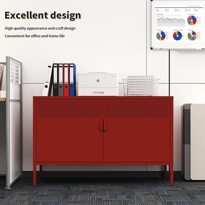 Metal Storage Locker Cabinet with 2 Doors & Adjustable Shelves, 25" Red Accent Furniture, Multipurpose Office or TV Stand for Home Entryway,Living Room
