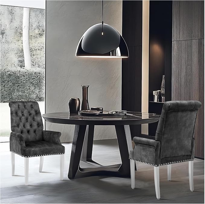 AODCHR Upholstered Velvet Accent Dining Chair, Elegant Tufted Dining Room Kitchen Room Arm Chair with Stainless Steel Leg, Dark Grey