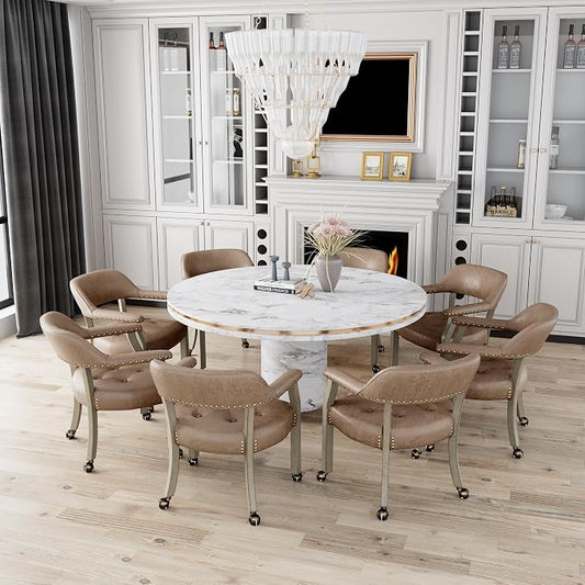 LEEMTORIG Set of 8 Dining Chairs with Casters and Arms, Rolling Dining Chairs with Wheels for Elderly, Ergonomic Wide Seat Wood Office Chairs, 26"Dx25.2"W, Grey Legs&Yellowish Brown Fabric SY-1318-LT