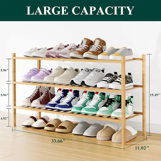 Smiry Long Bamboo Shoe Rack, 3 Tier Free Standing Wooden Shoe Organizer, Stackable Wood Shoe Storage Shelf for Closet, Entryway, 12 Vertical Slats, 2+1 Stack Standard Legs, 33.7"x11"x19.5", Natural