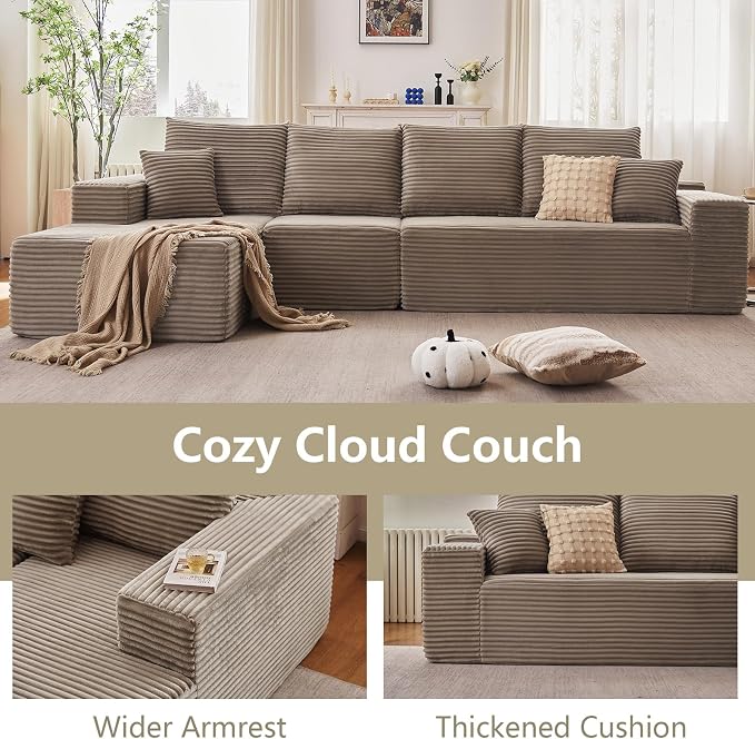 135" Cloud Sectional Couch with L-Shape Chaise, Modern Modular Comfy Sofa with Deep Seat, Upholstered Corduroy Couches Sleeper Chaise Longue for Living Room Bedroom, No Assembly Required, Camel