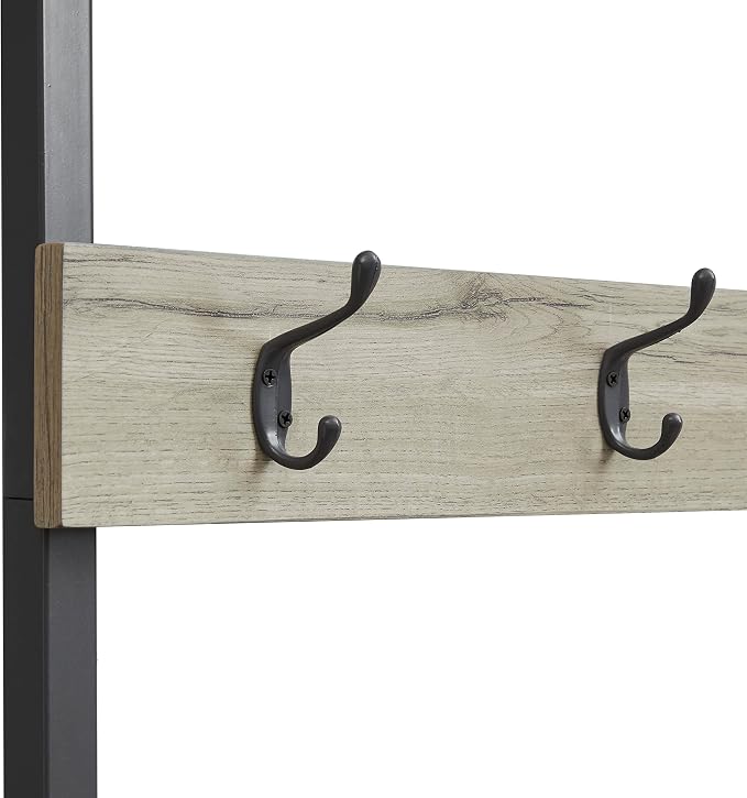 Linon Shaymus Grey Metal Hall Tree with Greywashed Wood Bench and Seat Featuring Multiple Hooks