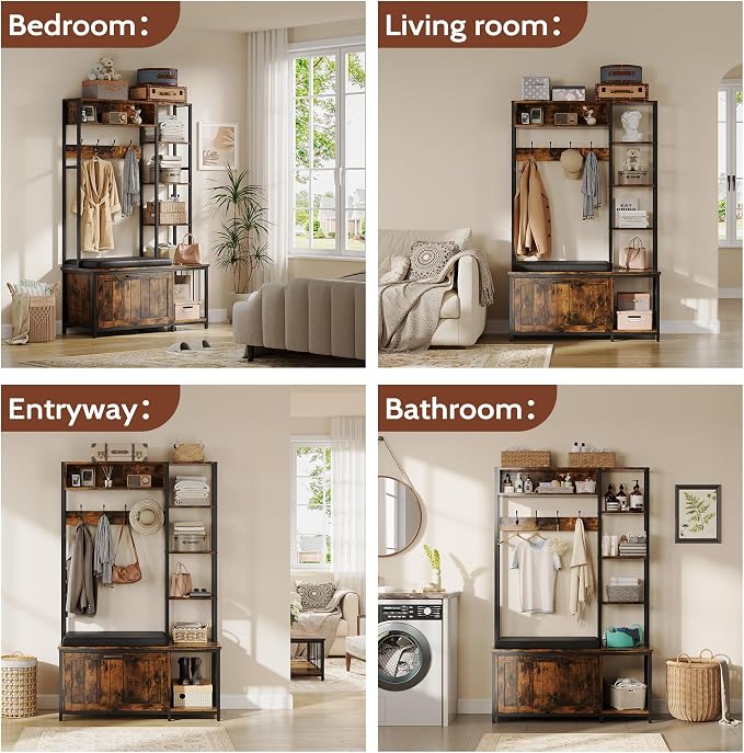 Hall Tree Coat Rack, Hall Tree With Bench and Shoe Storage Shoe With, Mud Room Storage Furniture,39.37 X 15.74 X 69.69 Inches, Brown