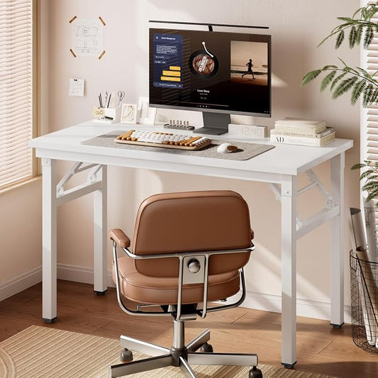 DlandHome Folding Desk for Small Spaces, 35.8 in Computer Desk Folding Table, Foldable Office Desk Writing Workstation for Home Office, Study, Bedroom, No Assembly Required, White & White