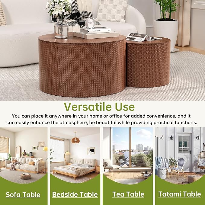 Round Nesting Coffee Table Set of 2 Modern Round Walnut Coffee Table Small Circular End Table Side Table Coffee Tables Circle Nested Coffee Tables for Living Room (Brown A Large)