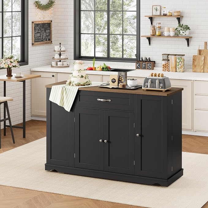 HOSTACK Kitchen Island Cart with Storage, 47'' Kitchen Storage Island on Wheels with 2 Drawers, Rolling Island Table with Adjustable Shelves, Mobile Buffet Sideboard Cabinet for Dining Room, Black