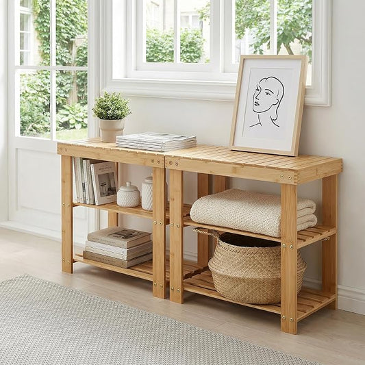 Sturdy 3-Tier Bamboo Shoe Rack Bench – Modern Entryway Organizer with Storage Shelf & Seating, Holds up to 130kg, Ideal for Closet, Bedroom, Living Room, 28.7 x 50 x 45.3 cm – Natural Wood Finish
