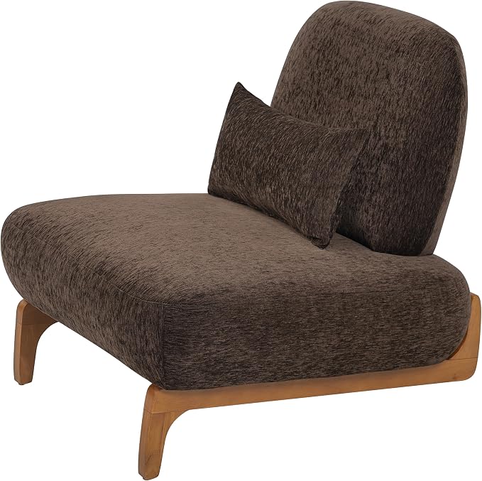 Merax Linen Accent Chair with Curved Wood Base and Lumbar Pillow, Dark Brown + Natural