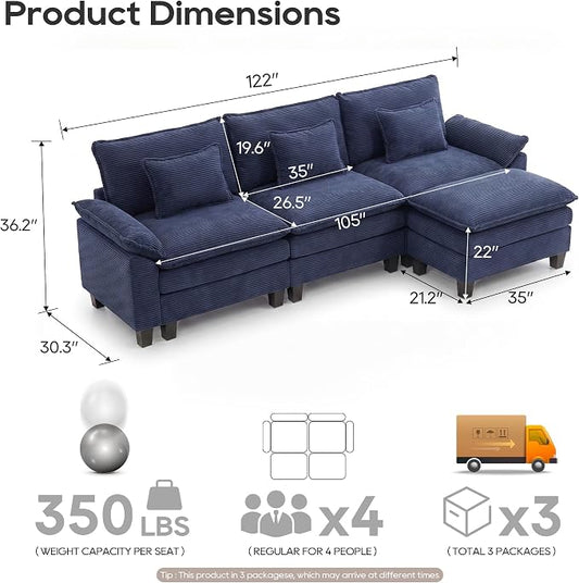 URRED Oversized Modular Sectional Sofa, 122" L Shaped Modern Comfy Cloud Couch with Movable Ottoman & Pillows, Deep Seat Couches for Living Room, Bedroom or Apartment (Corduroy Blue, 122" L Shaped)