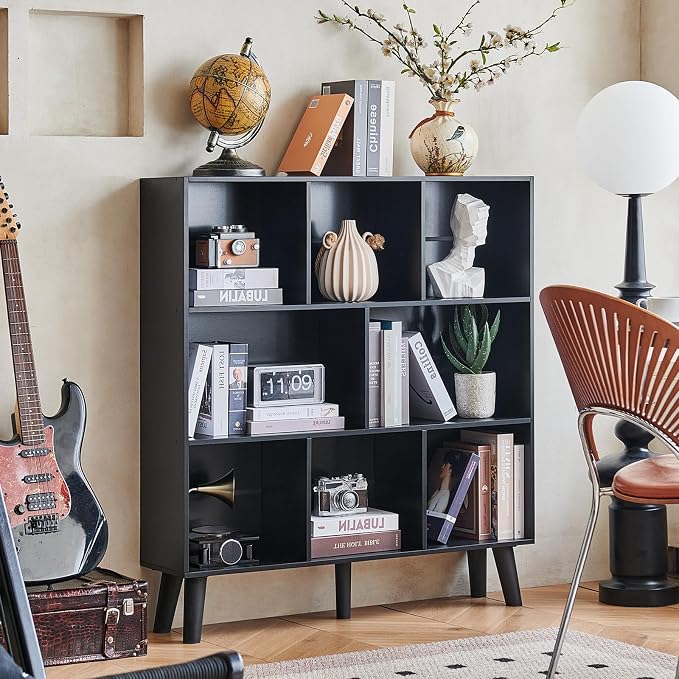 LEYAOYAO 8 Cube Bookshelf,3 Tier Bookcase with Legs,Black Mid-Century Modern Bookshelves,Large Open Storage Organizer Shelf, Wooden Book Case