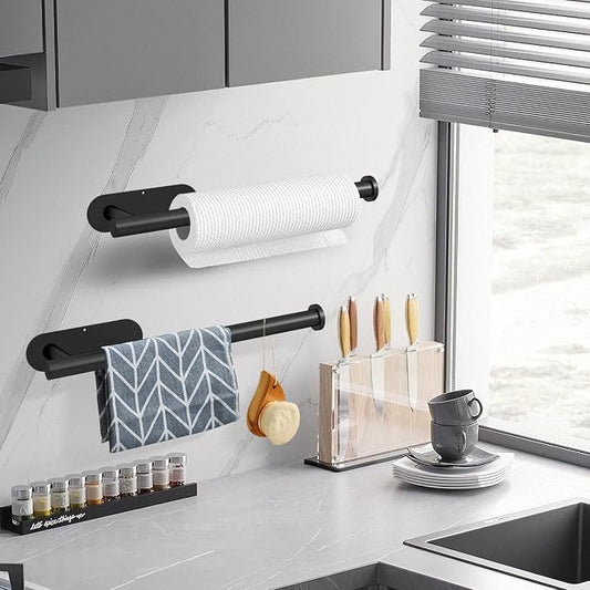 DEKAVA Under Cabinet Wall Mount Paper Towel Holder, Self-Adhesive Bar, Stainless Steel 13 inch (Black, 2)
