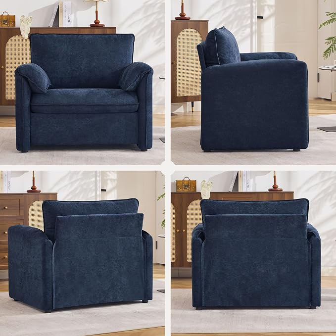 Oversized Accent Chair for Living Room, 41.73" Modern Armchair Set of 2 with Deep Seat, Mid-Century Comfy Reading Chair with Padded Arms, Large Chenille Single Sofa Chairs for Bedroom, Blue