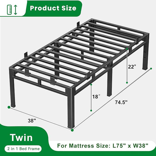 ROIL 22 Inch Twin Size Bed Frame, Metal Bed Frame & Box Spring 2 in 1 Platform with Round Corner Legs, 4000LBS Double Layer Bed Frame with Headboard Holes Mattress Baffles, Noise-Free Easy Assembly