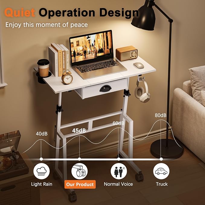 Honkazita Height Adjustable Standing Desk with Storage Drawer, Rolling Desk for Walking Pad, Small Sit-Stand Desk with Lockable Wheels, Height Range 31.5"-43.3", White, Stable Design