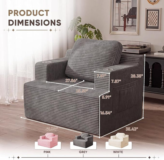 Homall 42” Single Sofa Foam Couch for Small Spaces Upholstered Floor Sofa with Cup Holder & Storage Pocket Boneless Couch for Bedroom Living Room (Grey, Single)