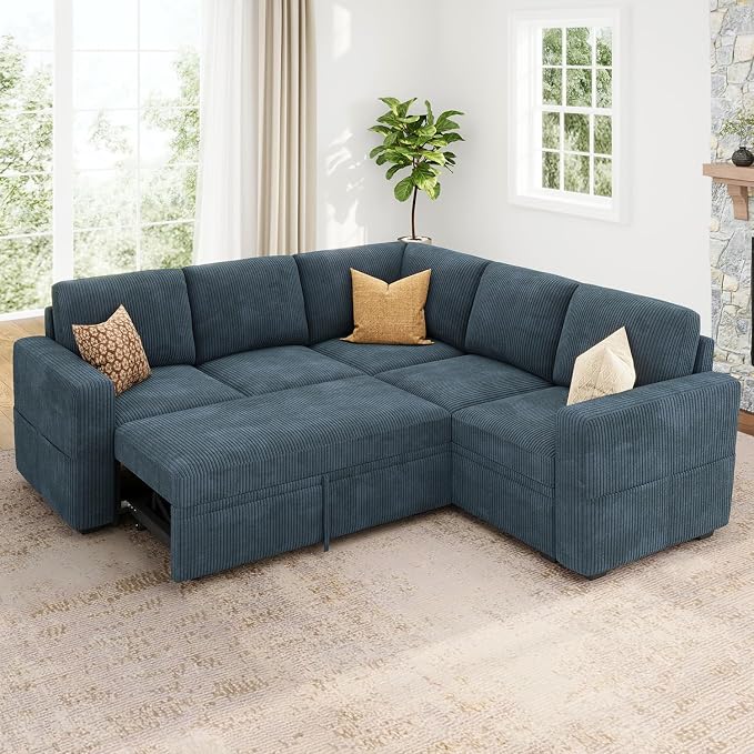 HONBAY Modular Sectional Sleeper Couch with Pull Out Bed, Corduroy L Shaped Sofa with Storage, Convertible Sectional Couches for Living Room, Blue