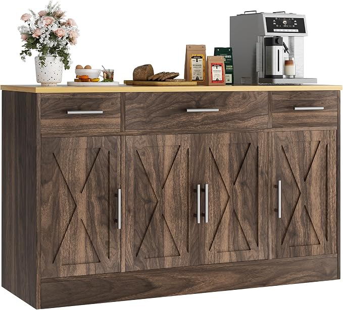 Vongrasig Buffet Cabinet with Drawers, 53” Large Sideboard Buffet Kitchen Storage Cabinet, Modern Farmhouse Coffee Bar with Shelves and Doors, Wood Buffet Table for Kitchen, Dining Room, Rustic Brown