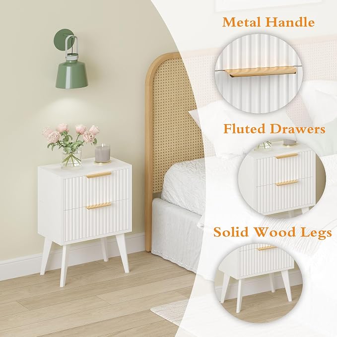 YAUKOMEL Fluted Nightstand with 2 Drawers,Modern Bedside Table with Metal Handles,Side Table with Solid Wood Legs,End Table for Living Room,Bedroom,Small Spcae 11.8" D x 15.7" W x 22.8" H White CTG55W