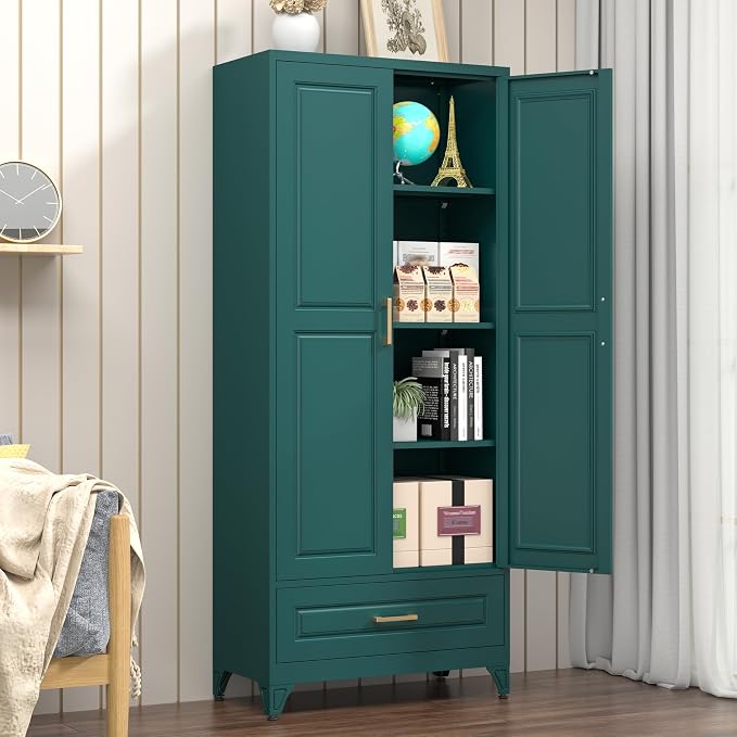 Polup Metal Storage Cabinet,75" Tall Kitchen Pantry Storage Cabinet with Doors and Adjustable Shelves, Green Metal Pantry Cabinets with Drawer, Large Cupboard for Kitchen, Dining Living Room