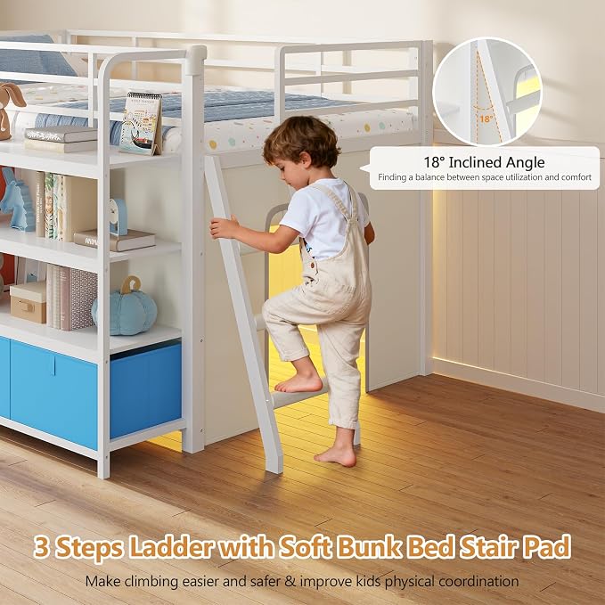 DICTAC Low Loft Bed with Desk and 6 Storage Drawers Twin Loft Bed with Bookshelf,LED Lights & Under-Bed Play Space,Kids Twin Beds with 13.8''H Safety Guardrail,Inclined Ladder & Play Curtain,Colorful