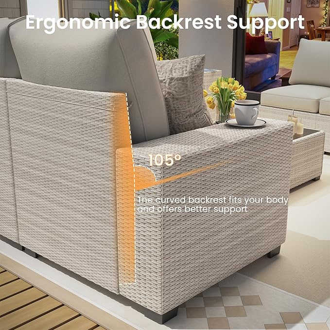 9 Piece Outdoor Patio Furniture Set with 28'' Fire Pit Table, Outdoor Sectional Furniture, Rattan & Wicker Modern Modular Conversation Set Sofa Couch W/Water Resistant Washable Thick Cushions, Beige