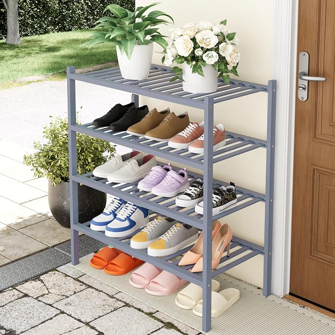 Smiry Bamboo Shoe Rack, 4 Tier Free Standing Wooden Shoe Organizer, Stackable Wood Shoe Storage Shelf for Closet, Entryway, 14 Vertical Slats, 2+2 Stack Heavy-Duty Legs, 26.8"x11"x26", Grey
