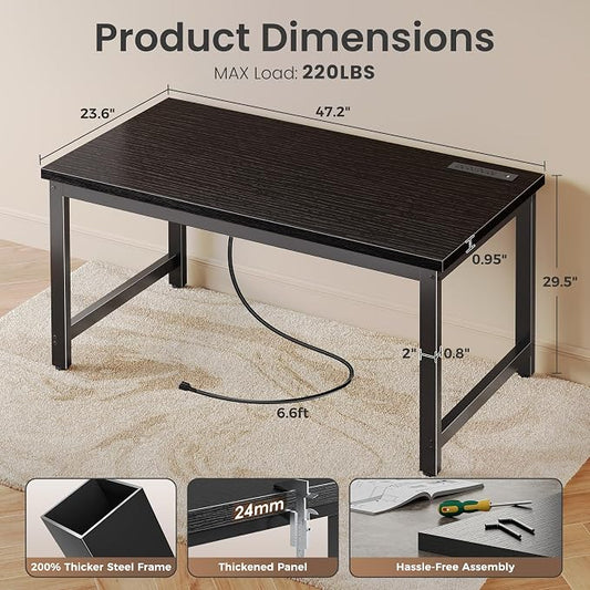 Huuger 48 x 24 inch Desk with Power Outlets & USB-C, Deeper & Thicker Desktop, Robust Metal Tubes, Computer Desk, Heavy Duty Office Desk, Work Gaming Desk for Home Office, Black
