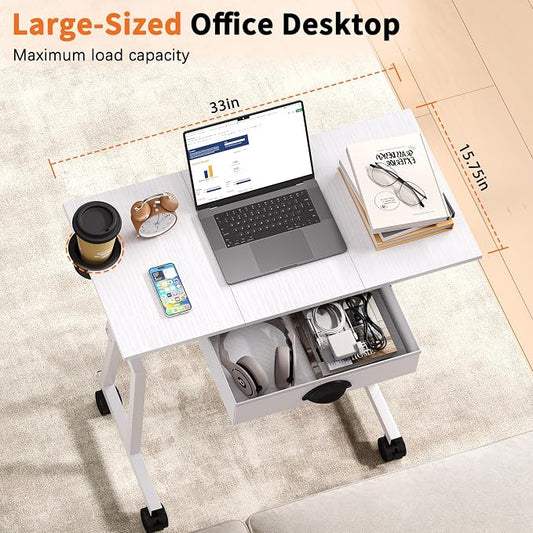 Honkazita Height Adjustable Standing Desk with Storage Drawer, Rolling Desk for Walking Pad, Small Sit-Stand Desk with Lockable Wheels, Height Range 31.5"-43.3", White, Stable Design
