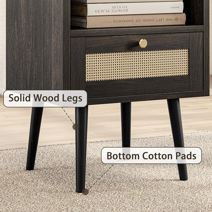 MECHYIN Night Stand Set 2, Nightstands Set of 2 with Charging Station, Rattan Side Tables with Solid Wood Legs, Boho Bedside End Table for Apartment Bedroom Dorm Small Space