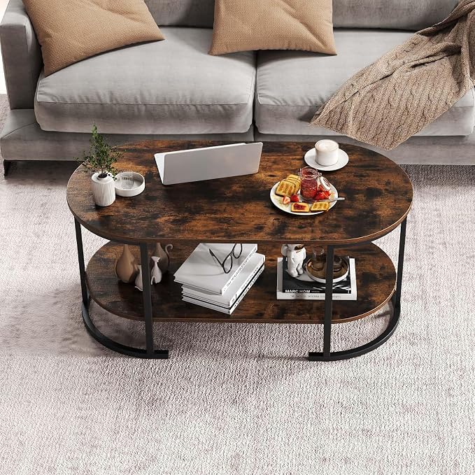 Giantex 2-Tier Coffee Table, Oval Center Table with Wood Grain Top & Open Storage Shelf, Modern Accent Table with Heavy Duty Metal Frame, Cocktail Table for Living Room Reception (Rustic Brown)