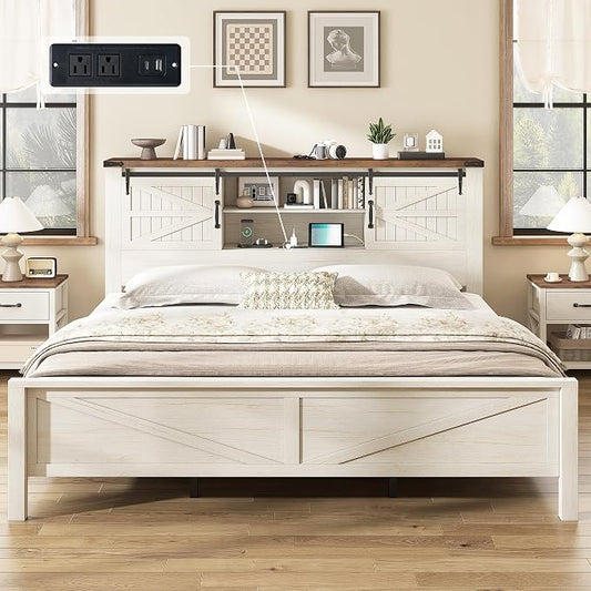 AMERLIFE 4-Piece Farmhouse Bedroom Set in Distressed White, King Size Bed Frame with Bookcase Headboard, 5-Drawer Tall Dresser, 47'' Dresser with 4 Drawers, 60" Dresser with 4 Drawers