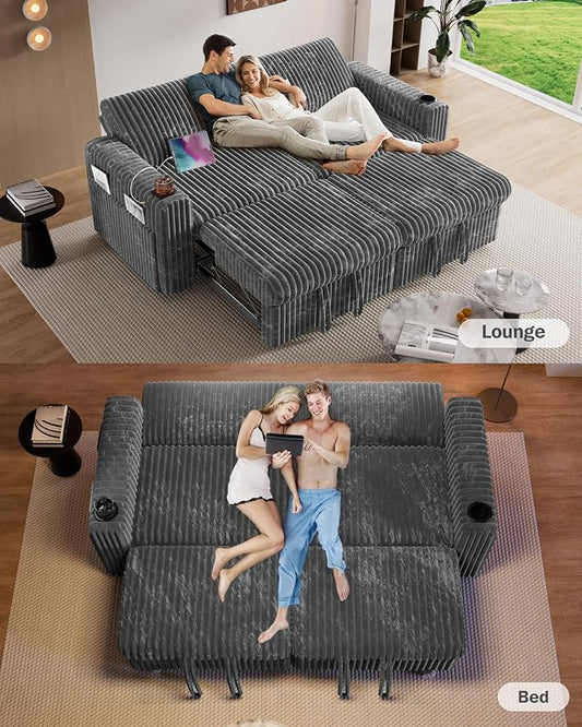 Sunny Heart 91" Plush Corduroy L Shaped Sectional Sleeper Sofa Bed with Pull Out Bed, Reclining Backrest, Reversible Storage Chaise, USB Ports, Cup Holders, Tool Free Assembly, Darke Grey