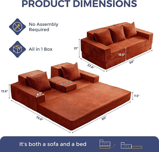 MAXYOYO Convertible Sofa Bed, 80" Oversized Boneless Loveseat Couch 4 in 1 Foldable Floor Sofa Couch in A Box with 2 Cup Holders, Folding Chair for Living Room, No Assembly Required, Orange