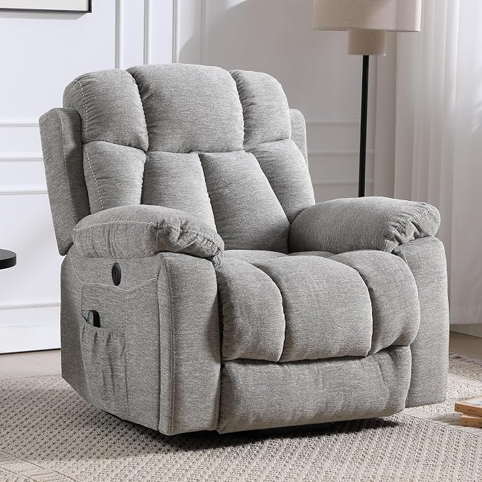 CANMOV Large Power Lift Recliner Chairs with Massage and Heat for Elderly Big People, Heavy Duty Motion Reclining Mechanism-Anti Skid Fabric Recliner Chair with 2 Concealed Cup Holders, Smoke Gray
