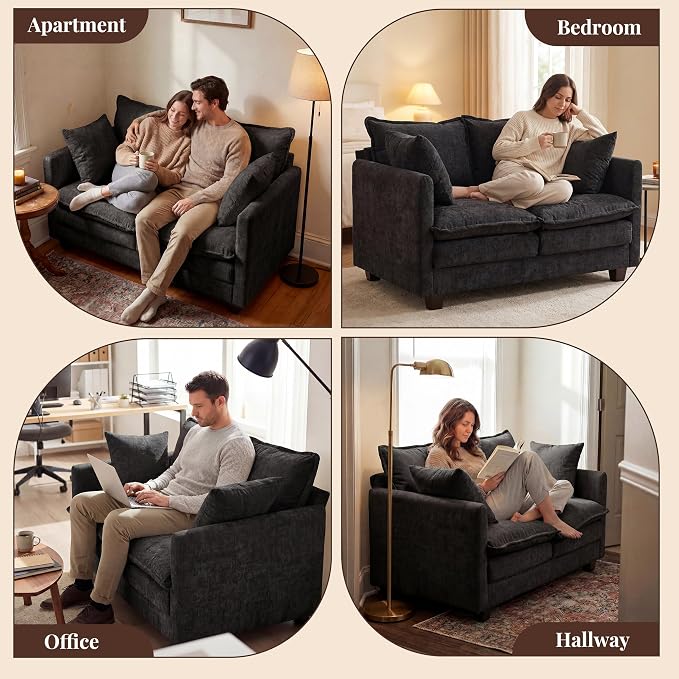 Loveseat Sofa with Cloud 3-Layer Cushion & 27" Deep Seat, Modern Small Couch with 2 Washable Pillows for Small Spaces, Bedroom, Apartment, Office, Living Room, in a Box, 50-Inch Black