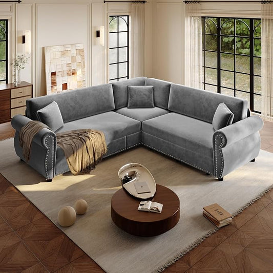 88.2" Sectional Sleeper Sofa with Pull Out Bed - Oversize L-Shaped Convertible Sleeper Couch Bed, Button Tufted Chesterfield Sofa, Chenille Vintage Couches for Living Room(4-Seater, Light Grey)