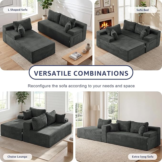 Hobestluk Modular Sectional Sofa Couches L-Shape Couch 3 Seat Modular Sofa Memory Foam Sectional Couches for Living Room, Cloud Couch with Oversized Chaise (Grey Corduroy, 108", Left Hand Facing)