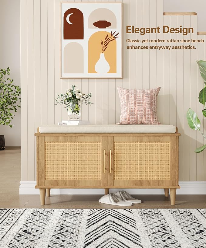 Akxomel Rattan Shoe Storage Bench with Cushion, 2-Tier Entryway Bench with Adjustable Shelves and 2 Doors, 15" D x 39.4" W x 20" H, Solid Wood Legs, for Hallway, Living Room, Bedroom, Natural Oak