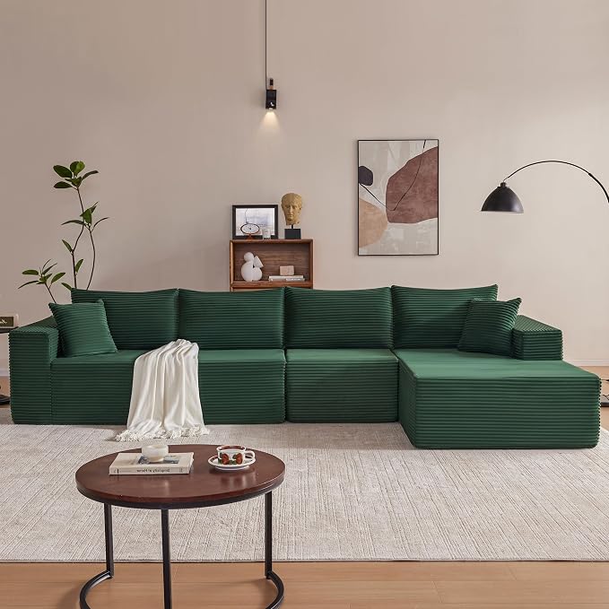 Mangodan 140” Cloud Sectional Couch, Boneless Sofa for Living Room, Modular Sectional Sofa with Deep Seat, Comfy Fluffy L-Shaped Couch with Right-Facing Chaise, No Assembly Required, Green