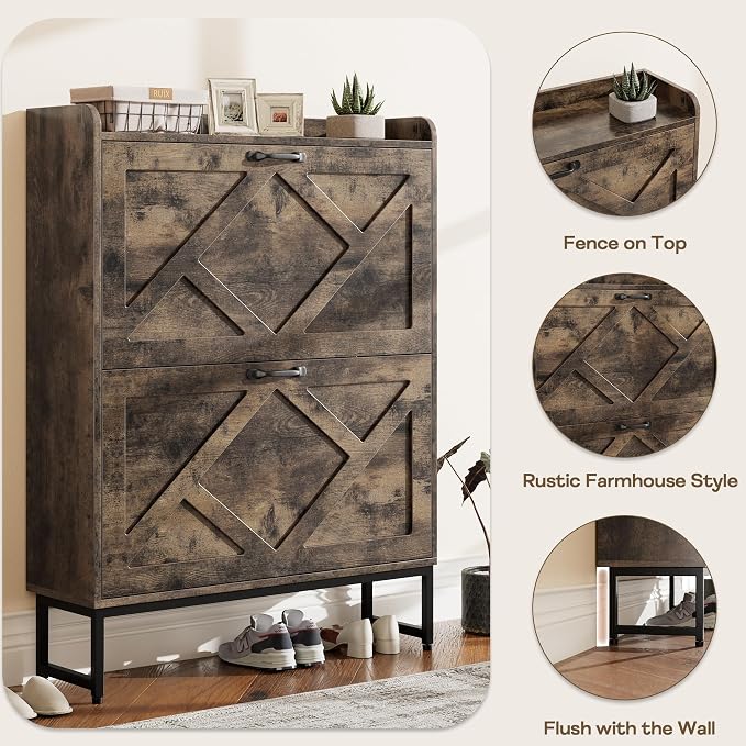 Nicetree Shoe Cabinet with 2 Flip Drawers, Freestanding Shoe Storage Cabinet with Metal Legs, Farmhouse Shoe Organizer for Entryway, Foyer, Hallway