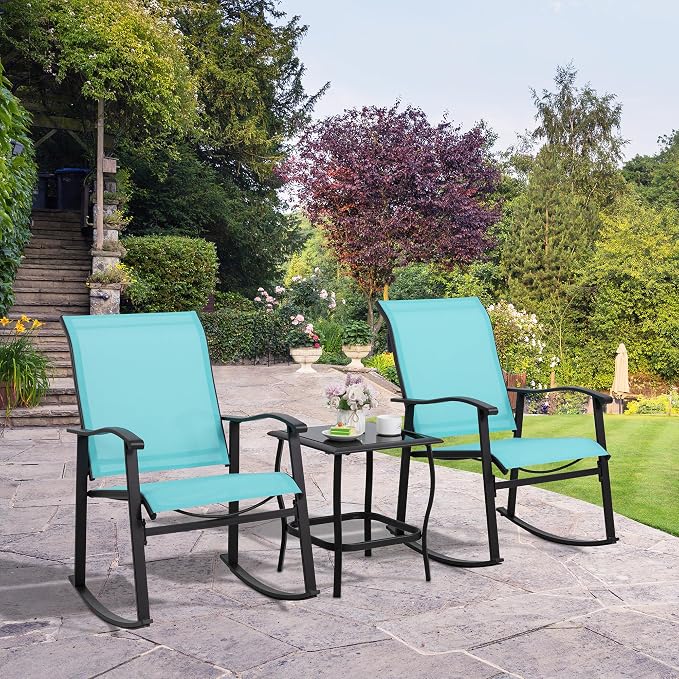 Shintenchi 3 Piece Rocking Bistro Set, Outdoor Furniture with Rocker Chairs and Glass Coffee Table Set of 3, Balcony, Porch Furniture for Small Space, Blue