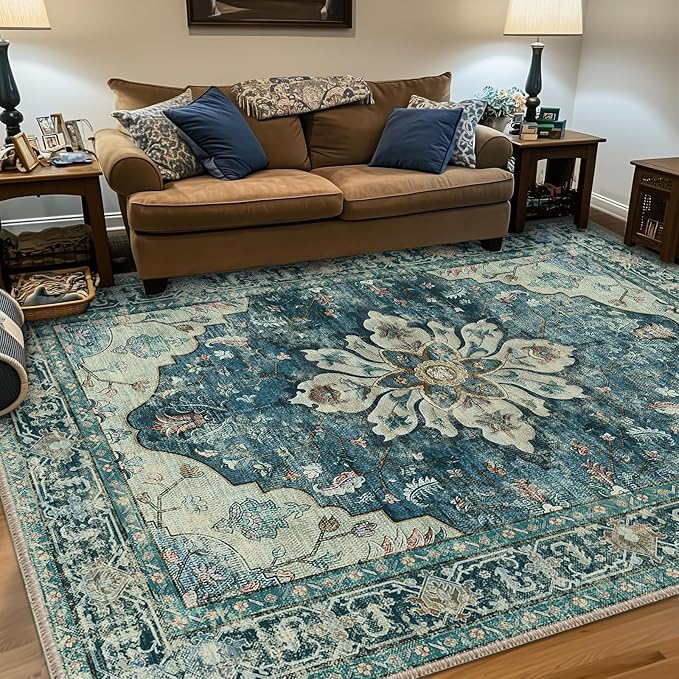 RELEANY Area Rugs 7'x9' Washable Non-Slip, Floral Vintage Distress Medallion Carpet for Living Room Bedroom Dining Room, Dark Blue Vintage