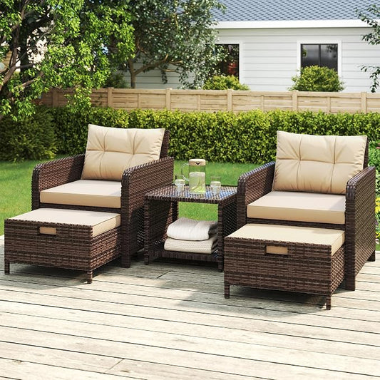 LHBcraft Outdoor Furniture 5 Piece Patio Conversation Set, PE Rattan Patio Set with Soft Cushions & Coffee Table, Outside Furniture with Hidden Ottoman for Porch, Lawn, Garden, Balcony, Brown