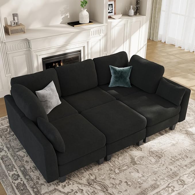 Sectional Sleeper Sofa, 6 Seaters Modular Sleeper Sofa Couch, Comfy Sectionals Couches Bed, Convertible Sofas with Ottomans, Modular Sectional Couches for Living Room, Black