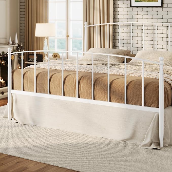 SHA CERLIN King Size Metal Platform Bed Frame with Victorian Style Iron-Art Headboard and Footboard, Easy Assembly, No Box Spring Needed, White