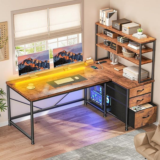 55"Computer Desk with Remote Aluminum LED Lights, 3 Fabric Drawers & 3 Shelves, Reversible L Shaped Desk Office Desk with Power Outlet and PC Stand for Gaming Desk, Corner Desk for Bedroom,Dorm, Brown