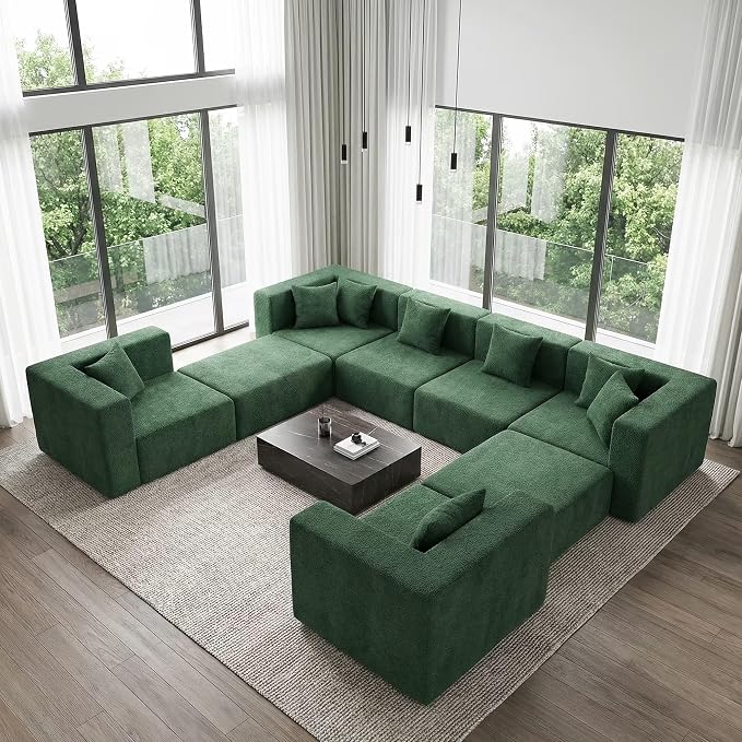MONVANE Modular Sectional Sofa, Oversized 8 Seat Convertible U Shaped Couch with Ottoman, Comfy Teddy Velvet Cloud Couch with Deep Seat, Sectional Couches for Living Room, No Assembly Required, Green